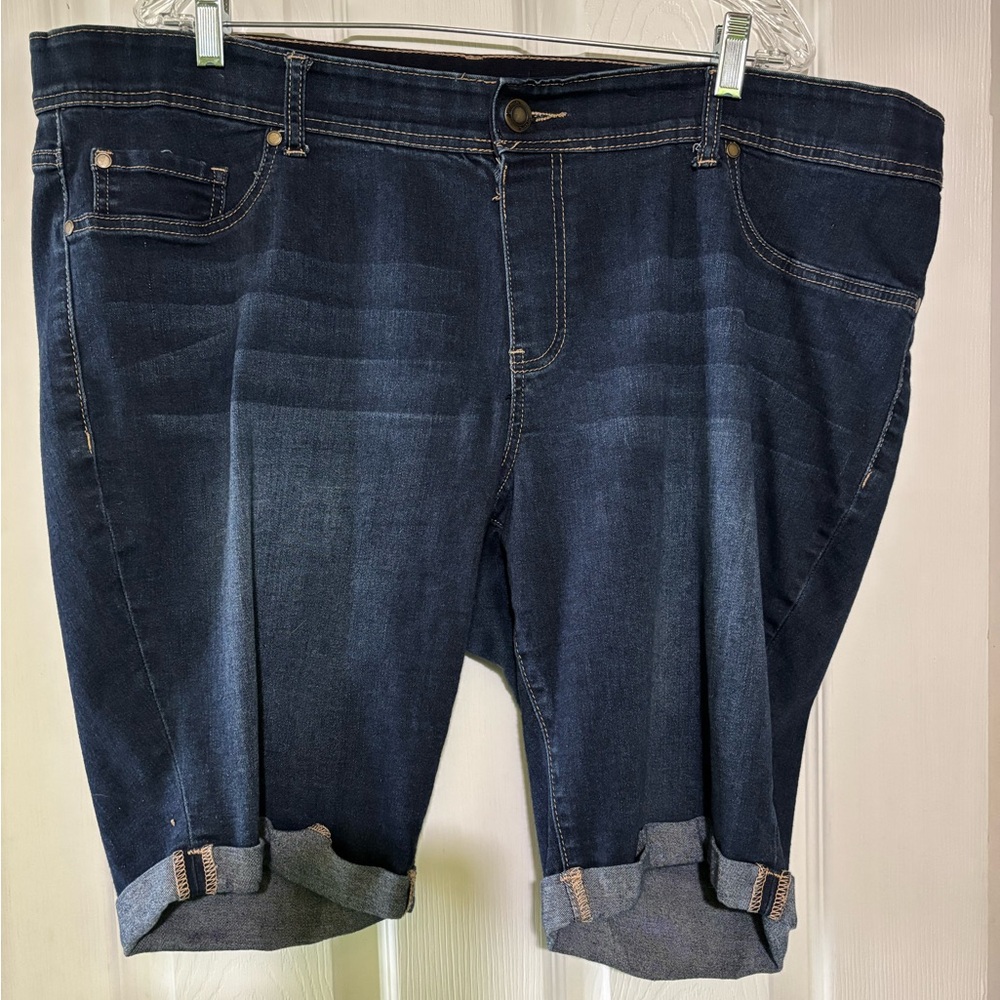 Dark Blue Denim Shorts Pull-On With Button
